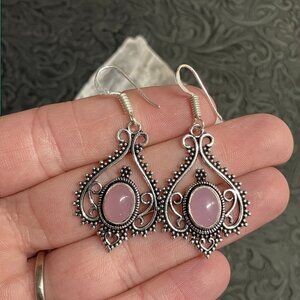 Ornate Pink Chalcedony and Heart Earrings Stone Crystal Jewelry